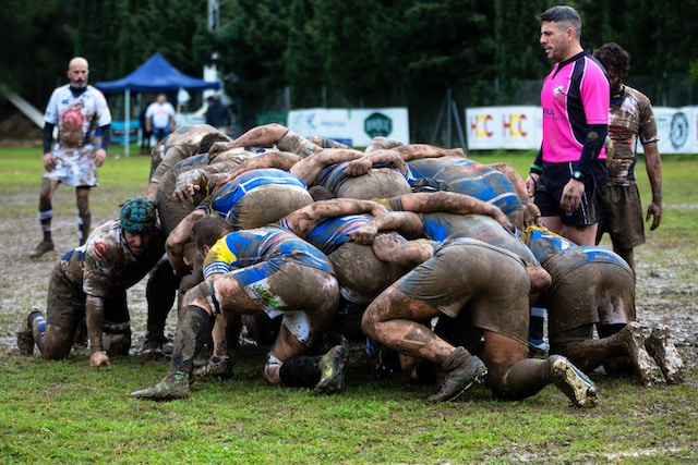 rugby scrum in the mud